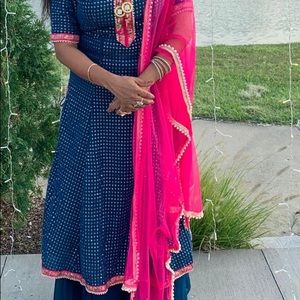 Unique blue and pink palazzo  suit with pink chunny liner with pearls.